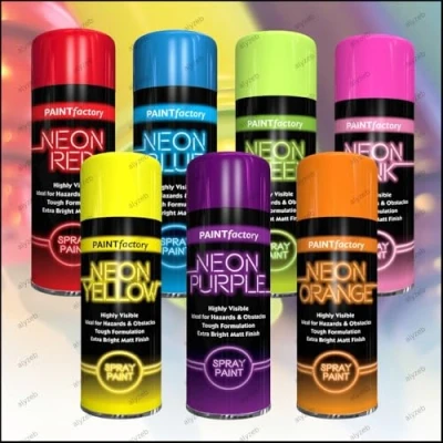 Image of 7 Mix Cans Fluorescent Neon Spray Paint Multipurpose Aerosol DIY Graffiti (Banksey) N0 CFCs Extra Bright Assorted Colours Blue Green Orange Pink Yellow Red Purple 200ml A3