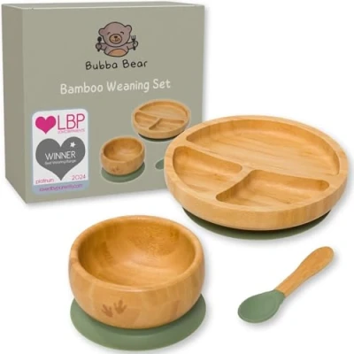 Image of Bubba Bear Baby Weaning Set Bamboo Plates, Bowls &amp; Spoons for Toddler Led Feeding Suction Plate, Bowl Spoon Sets Babies from 6 Months Optional Matching Kids BLW Bib (Green)