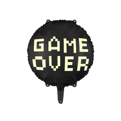 Image of PartyDeco Game Over Round Foil Balloon, Black &amp; Yellow, 45 cm, Perfect for Birthdays and Gaming Balloon Decoration