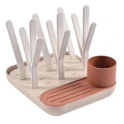 Image of BEABA, Baby Bottle Drying Rack, Large Capacity, Modular, Up to 6 Bottles and Children&#039;s Crockery, Accessory Jar, Optimised Drainer, Easy Store, Compact, Practical, Terracotta