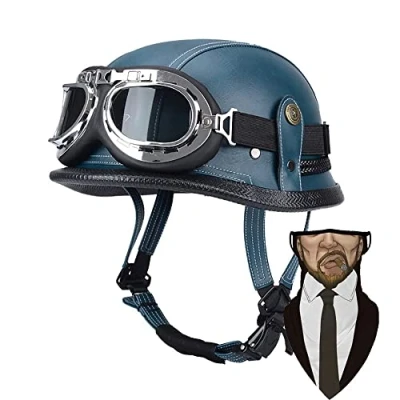 Image of Motorcycle Half Helmet,Motorcycle German Leather Face Helmet, DOT/ECE Approved Cap Shell Helmet+Goggles Retro Open Helmet with Adjustable Quick Release Buckle