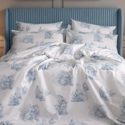 Image of LERUUM White Blue Duvet Cover Set King Size Cotton Bedding Toile De Jouy Motif Christmas 200 Thread BCI with 2 Pillowcases (Kingsize Toile)
