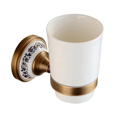 Image of Antique Bronze Brass Toothbrush Holder Cup with White Ceramic Tumbler, Wall Mounted Bathroom Hardware Accessories,Porcelain Design