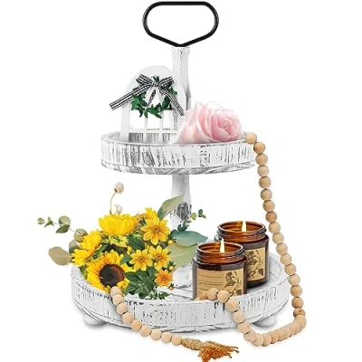 Image of Fall Food Tray 2 Tier Wood Cake Display Stand Decor Farmhouse Fruit Serving Dessert with Metal Handle Detachable Afternoon Tea Cupcake Holder for Wedding Birthday Thanksgiving(white)