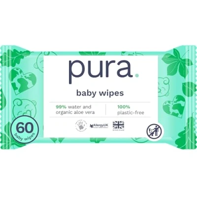 Image of Pura Eco Friendly Baby Wipes, 99% Water, 100% Plastic Free, Biodegradable, Compostable, Vegan, Suitable for Sensitive, Eczema Prone and Newborn Skin, 1 Pack of 60 Water Based Wet Wipes