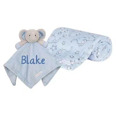 Image of Personalised Baby Gift Sets Embroidered Elephant Comforter &amp; Blanket Boy/Girl Set Shower (Blue Set)