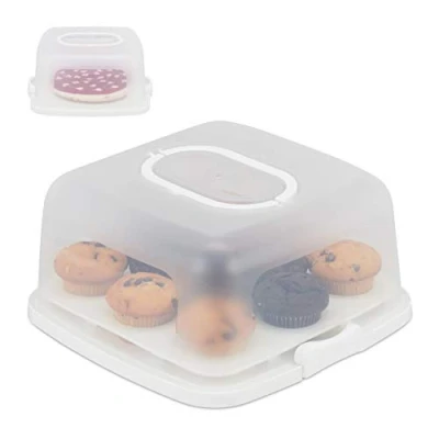 Image of Relaxdays Square Cake Carrier, Portable, &amp; Muffin Container, Dishwasher Safe, HWD: 16x34x32.5 cm, White/Clear