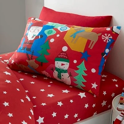 Image of Happy Linen Company Girls Boys Kids Jolly Christmas Xmas Santa Red Standard Reversible Extra Pair Of Pillow Cases