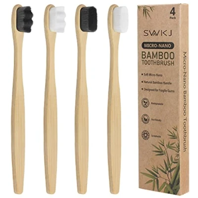 Image of 4 Pcs Soft Bamboo Micro Nano Toothbrushes, Extra Toothbrush with 20000 Bristles Designed for ​Sensitive Gums Kids Adults (White and Grey Bristles)