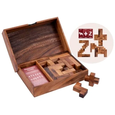Image of Engelhart 350500 Double Pentomino Puzzle Eco Friendly Brain Teaser 2 Players Includes 3D Wooden Pieces, Challenge Cards, and Storage Box Ages 7 Up