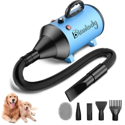 Image of Blanlody Dog Hair Dryer Blaster 3800W/5.2HP Pet Grooming Low Noise Temperature Heater with 4 Different Nozzles and Brush