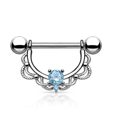 Image of The Goldmine Nipple Piercing Blue CZ Centred Filigree Drop 316L Surgical Stainless Steel bar Ring 14GA(1.6mm) 5/8&quot; (16mm) (12mm actual space for Nipple) FREE UK Delivery
