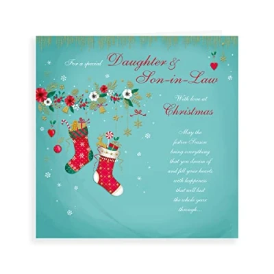 Image of Piccadilly Greetings Regal Publishing C85520 Classic Christmas Card Daughter &amp; Son In Law ,greenred, 223 mm sq
