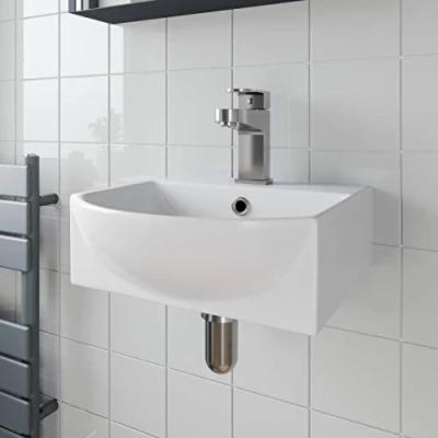 Image of Wall Hung Basin Sink Small Cloakroom Square Curved Ceramic Wash White Bathroom Vanity with One Tap Hole Gloss 350 x 350mm