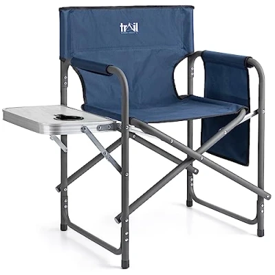 Image of Trail Folding Directors Chair With Side Table, Cup Holder, Storage Pocket, Outdoor Camping Garden Seat, Padded Armrests, Heavy Duty Steel Frame,120kg Capacity (Blue)