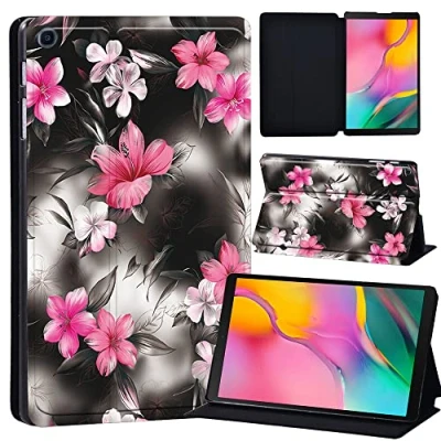 Image of Printed Leather slim lightweight Stand Cover Case for Samsung Galaxy Tab A 10.1 2019 (Model: SM T510 T515), with Function (Black) (pink flower)