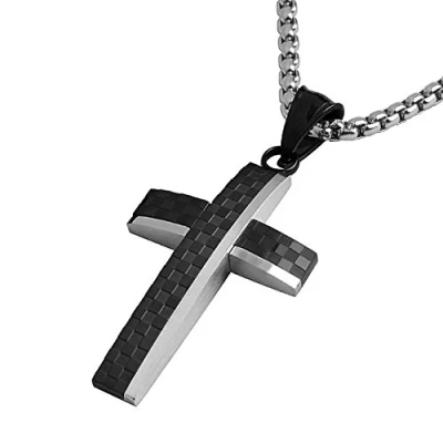 Image of DonDon Men&#039;s Necklace 52cm 20,5&quot; Stainless Steel Checkerboard Cross Pendant with Velvet Jewelry Bag
