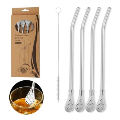 Image of 4pcs Stainless Steel Reusable Metal Drinking Straws, 304 with Filter Head and Cleaning Brush, for Cocktail, Milkshake, Cold/Hot Drinks(Silver).