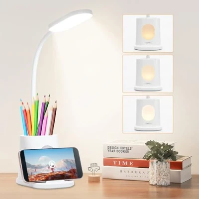Image of LQWELL® 4 in 1 LED Desk Lamp USB Rechargeable for Home Office, 3 Brightness Levels Night Light, 360 Flexible Study Table Lights with Pen Phone Holder (Black)
