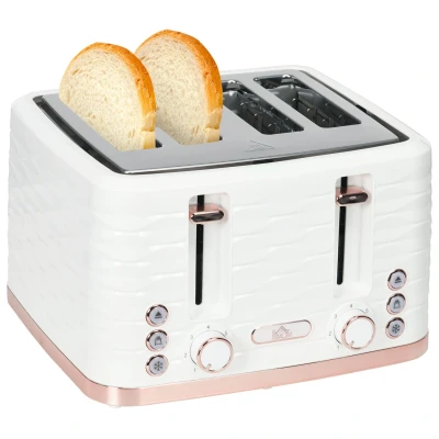 Image of HOMCOM 4 Slice Toaster with 7 Browning Levels, High Lift, Reheat/Defrost/Cancel, Self centring Function, Removable Crumb Tray, Auto Off, 1600W, Cream White Water Ripple Texture