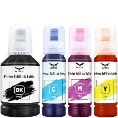 Image of ULTRICS Printer Refill Ink, Universal Bulk Refillable Ink Kit for Refilling Cartridges and CISS Systems Compatible with Epson Canon Brother Dell HP Kodak Lexmark Xerox BK 140ml, C M Y 70ml Each