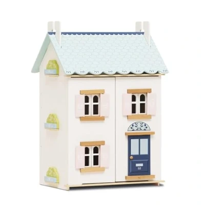 Image of Le Toy Van Blue Belle Wooden Doll House Girls &amp; Boys 3 Storey Dolls Play Set Suitable For Ages 3+