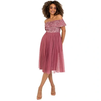 Image of Maya Deluxe Women&#039;s Ladies Bardot Dresses Midi High Empire Waist Sequins Embellished Formal Evening for Wedding Guest Bridesmaid, Desert Rose, 8