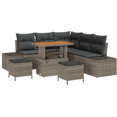 Image of vidaXL 8 Piece Garden Sofa Set with Cushions Grey Poly Rattan Acacia