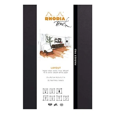 Image of RHODIA TOUCH 116101C Marker Pad A4 50 Sheets Clairefontaine Layout Uni White Extra Smooth Paper 100 g/m for Drawing with Alcohol Marker, Liner Pen, Fountain Pen