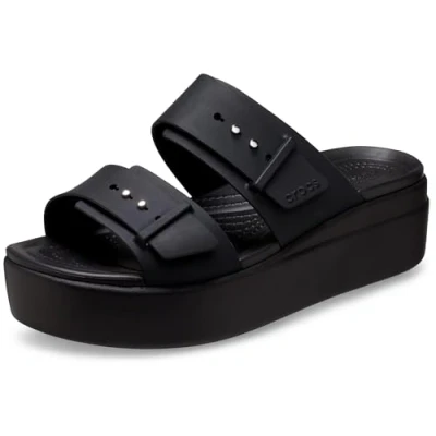 Image of Crocs Women&#039;s Brooklyn Buckle Lowwdg Clog, Black, 7 UK Men 8 Women
