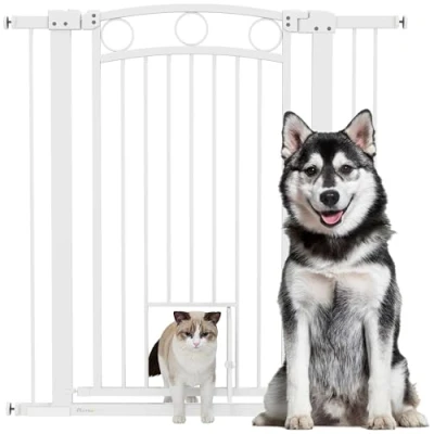 Image of PawHut Stair Gate, 106cm Extra Tall Dog Gate with Adjustable Width, 76 104cm Pressure Fit Safety Cat Door, 7cm and 14cm Extensions, for Stairs, Doorways, Easy Installation, White
