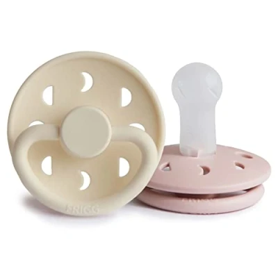 Image of FRIGG Moon Phase Silicone Pacifier Pack of 2 Soother Dummy BPA Free Made in Denmark Symmetrical Cherry Shaped Nipple (Blush/Cream (6 18 Months))