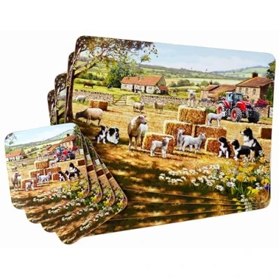 Image of Set Of 4 Farm Collie Dog &amp; Sheep Design Dinner Place Mats And Coasters