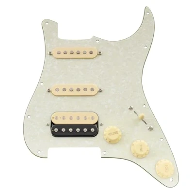 Image of Musiclily Pro Auto Split Pre wired Standard HSS Pickguard with Artec Pickups Alnico 5 Magnet for ST Style Electric Guitar, 4ply Aged White Pearl