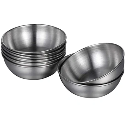 Image of Set of 8 stainless steel sauce bowls, spice suitable for ketchup, mustard, chilli sauce, salad dressing (silver)