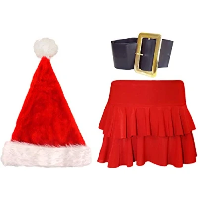 Image of labreeze Ladies Christmas Red Rara Skirt Deluxe Santa Hat Buckle belt Xmas Fancy Dress (SM)