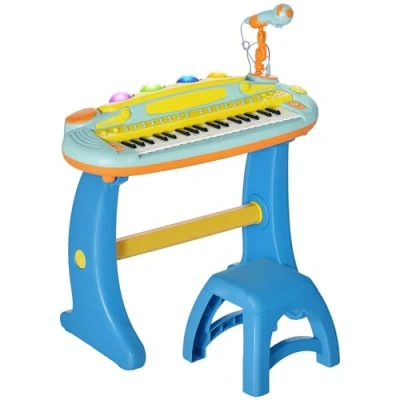 Image of AIYAPLAY Kids Piano, 37 Keys Electronic Keyboard Children Grand Piano with Microphone, Stool, LED Light, Record &amp; Replay Function, Musical Instrument for Boys Girls 3 6 Years, Blue