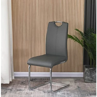 Image of Furnizone UK Isaac Dining Chairs Set of 2 Faux Leather with Stylish Chrome Cantilever Metal Frame (Grey)