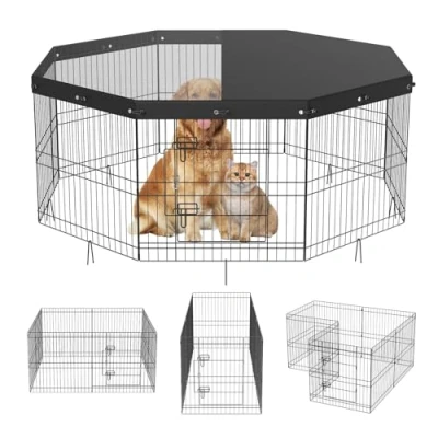 Image of VEVOR Dog Playpen, 8 Panels Foldable Metal Exercise Pen with Top Cover, 24&quot; H Pet Fence Puppy Crate Kennel Ground Stakes, Indoor Outdoor for Small Medium Pets, Camping, Yard