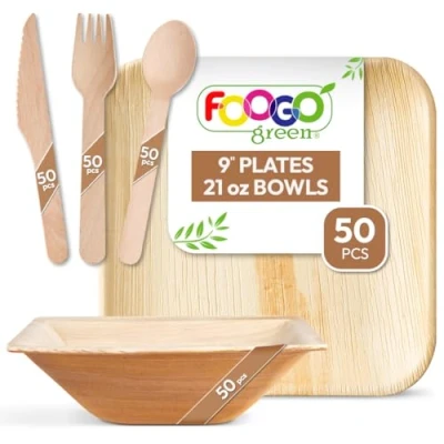 Image of FOOGO Green 250pcs Disposable Palm Leaf Plates, Bowls and Wooden Cutlery Set, FSC® Certified, 50x Large Square Bowls, Forks, Knives, Spoons, Eco Friendly Strong Wedding Plates