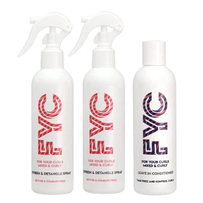 Image of FYC Curly Hair Products: Daily Use Bundle 3x250ml. Includes 2 x Refresh &amp; Detangle Spray,1x Leave In Conditioner for
