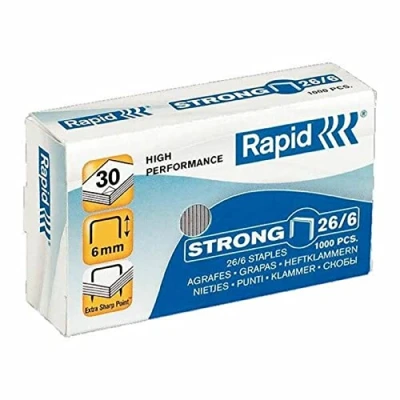 Image of Rapid 26/6mm Strong Staples, For Stapling up to 20 Sheets, Use with Desktop Staplers, Galvanised Wire, Box of 1000, 24861400