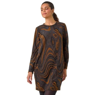 Image of Roman Originals Slouch Dress with Pockets for Women UK Ladies Lounge Tunic Casual Oversized Cocoon Loose Relaxed Fit Floaty Baggy Crepe Work Office Business Smart Day Tan &amp; Black Size 14