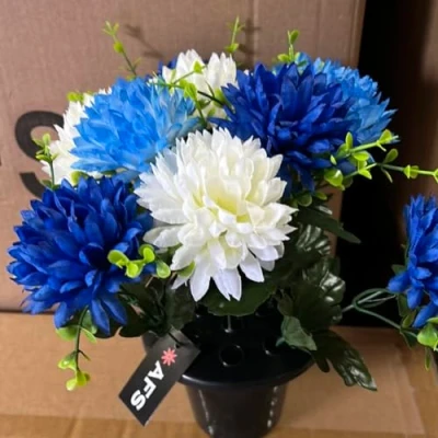 Image of AFS Artificial Chrysanthemum Flower Memorial Grave Pot Blue or Pink 10cm Height (Blue &amp; Cream)