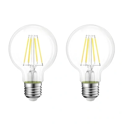 Image of LED E27 Edison Screw Globe G80 Bulb 4W, Equivalent 40W, Clear Filament Glass, 6500K Cool White, 400 Lumen, 360 Beam Angle, Not Dimmable, Pack of 2