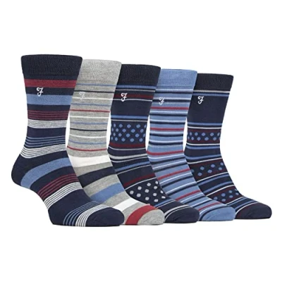 Image of Farah Mens 5 Pack Natural Organic Bamboo Bright Striped Patterned Socks (6 11, Blue/Navy)