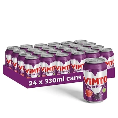 Image of Vimto Original Real Fruit Juice, Blackcurrant, Grape, Raspberry, Fizzy Fruity Soft Drink Multipack Cans 24 X 330Ml