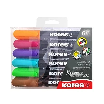 Image of Kores Coloured Permanent Marker Pens K XP1, Round Tip with Low Odour Ink Waterproof for All Surfaces School Supplies, Office Supplies Pack of 6 in Assorted Colours