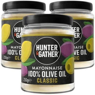 Image of Hunter &amp; Gather Olive Oil Mayonnaise 3 x 250g Seed Free I Made with British Range Egg Yolk Paleo, Keto, Sugar and Gluten Mayo