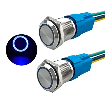 Image of Aiqeer 2 Pcs 16 mm Momentary Push Button Switch, 12V / 24V 5A Car Ignition Starter IP67 Waterproof Stainless Steel with Pre Wired Socket (Blue LED)